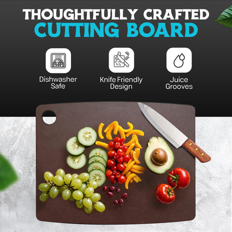 Belwares Nutmeg Brown cutting board, dishwasher-safe, easy cleanup after meals.