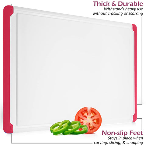 Belwares cutting board red, built-in handles for easy transport and handling.