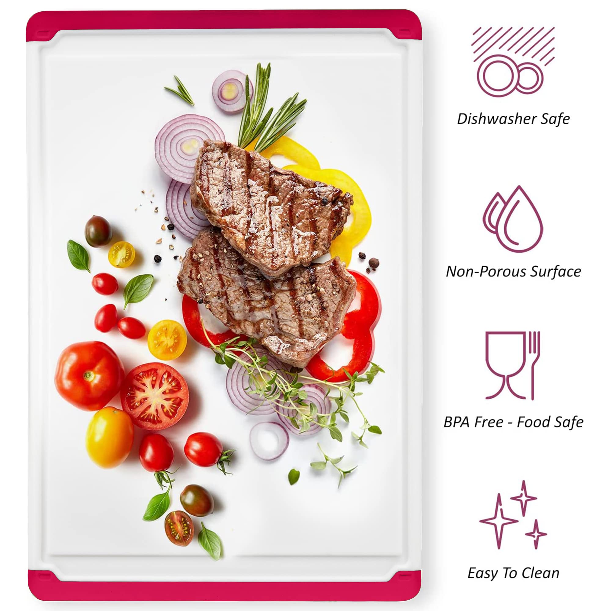 Belwares cutting board red, non-slip feet prevent sliding during use.