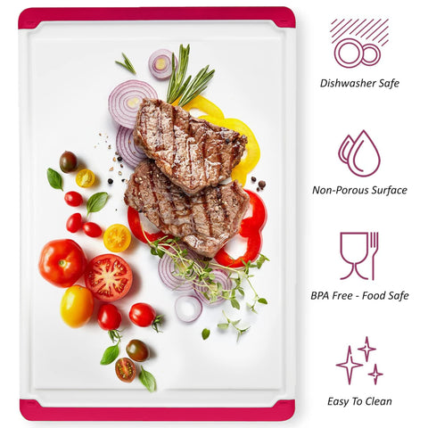 Belwares cutting board red, non-slip feet prevent sliding during use.