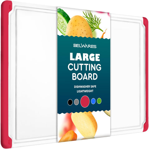 Belwares cutting board red, top view for spacious slicing and prep.