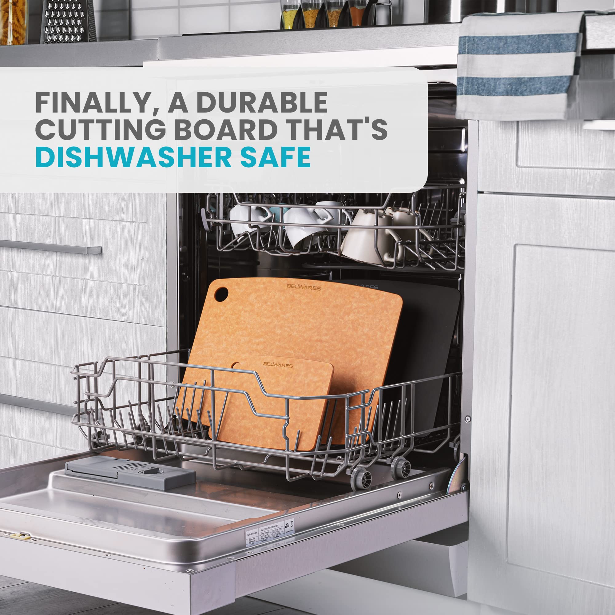 Belwares cutting board demonstrates dishwasher-friendly cleaning and care.