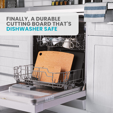 Belwares cutting board demonstrates dishwasher-friendly cleaning and care.