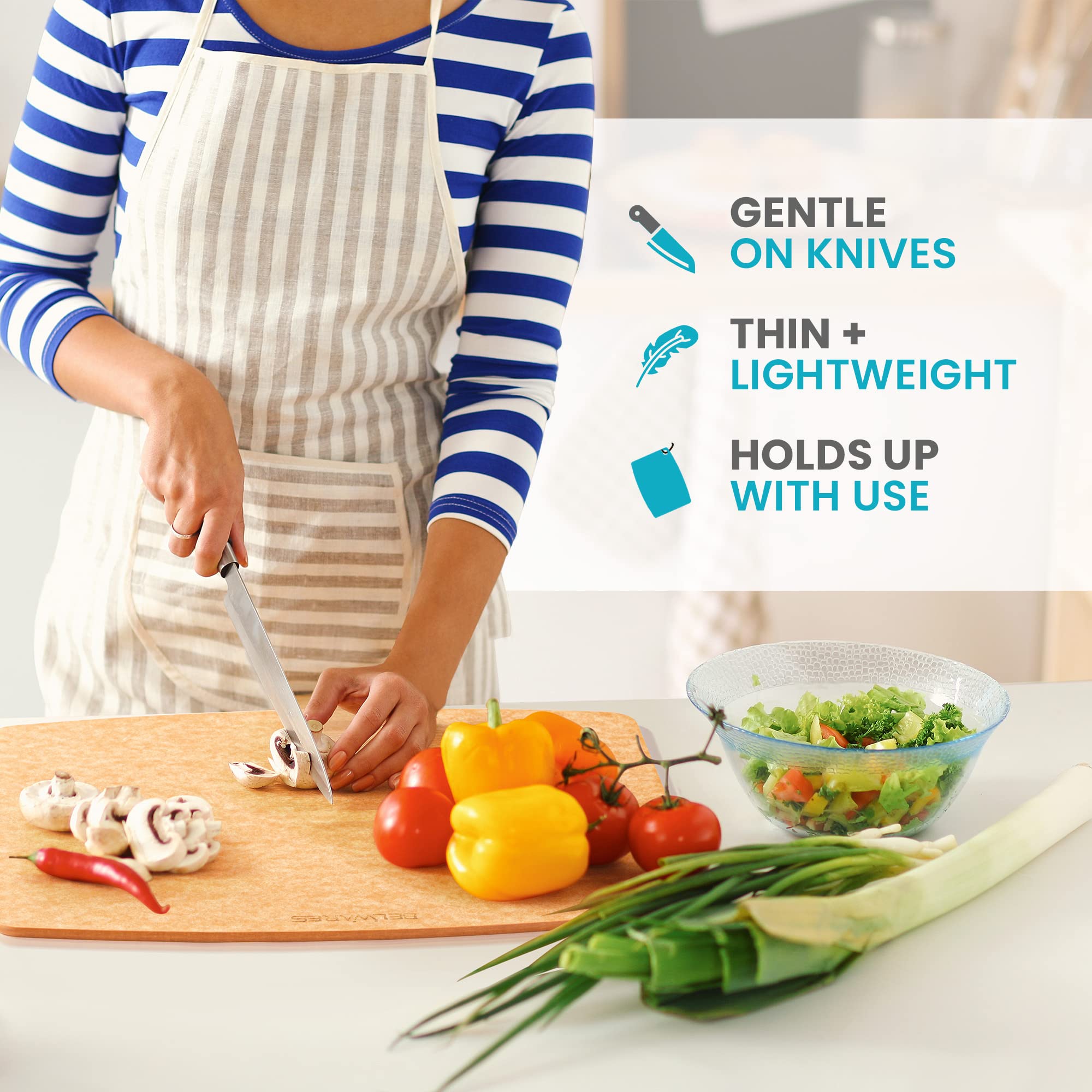 Belwares knife-friendly surface helps keep blades sharp during prep.
