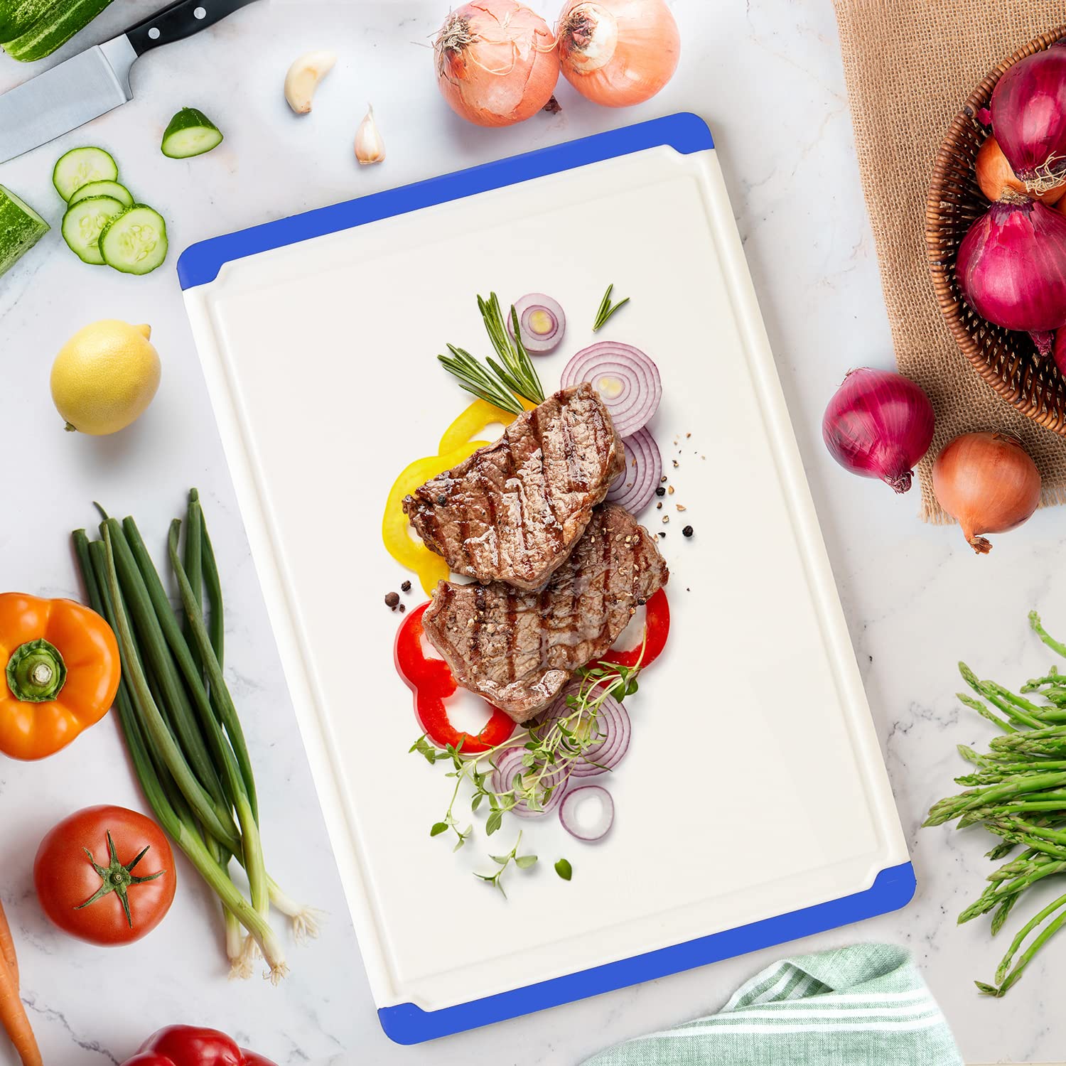 Belwares blue cutting board is dishwasher safe for quick cleanup.