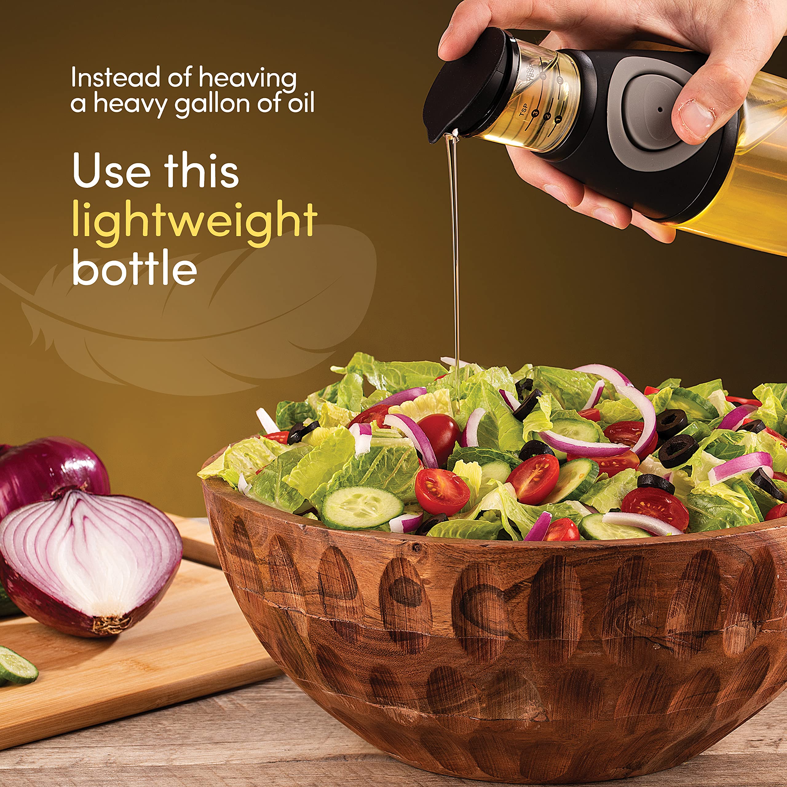 Belwares olive oil bottle with measuring marks for precise recipe tracking.