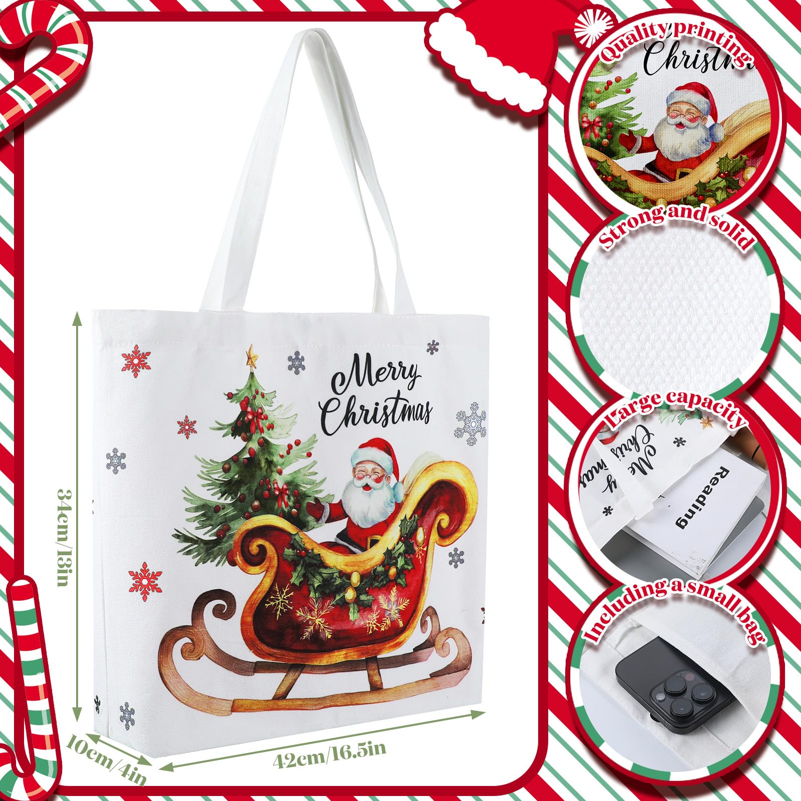 Bencailor Santa pattern tote with roomy interior for books and cosmetics