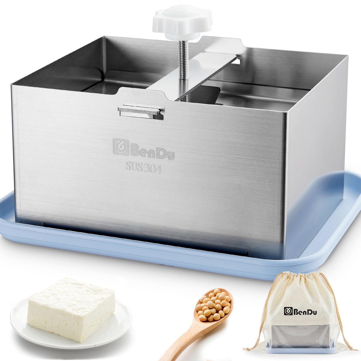 bd.Ai Bendu tofu press with blue tray for smooth drainage and tidy counters