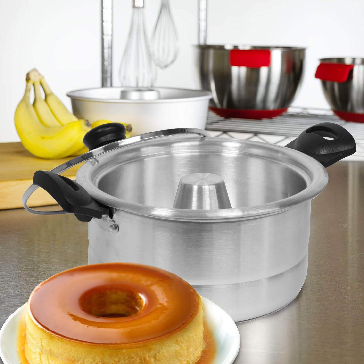 Bene Casa flan mold with glass lid, showcasing sturdy double boiler design for even heating.