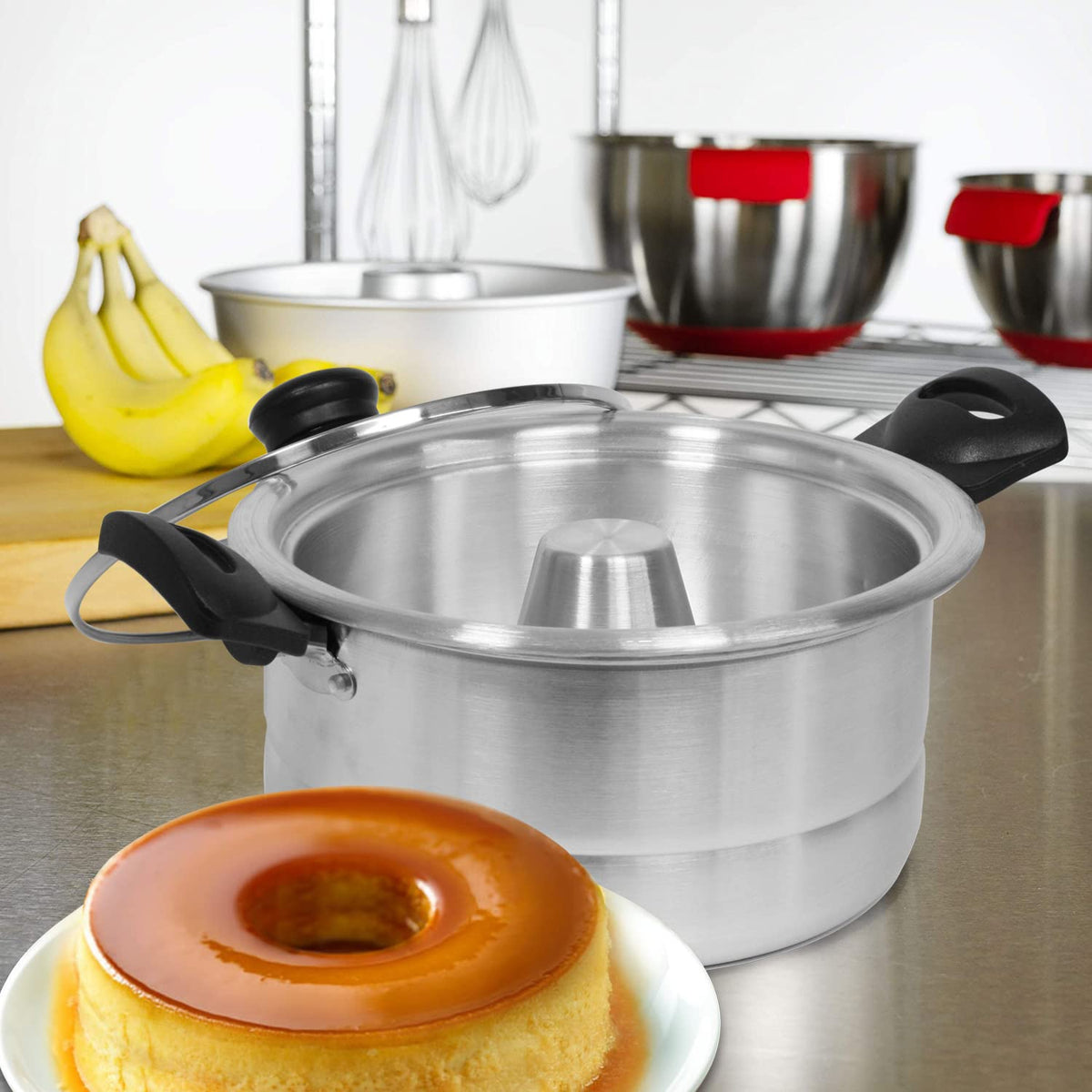 Bene Casa flan mold with glass lid, showcasing sturdy double boiler design for even heating.
