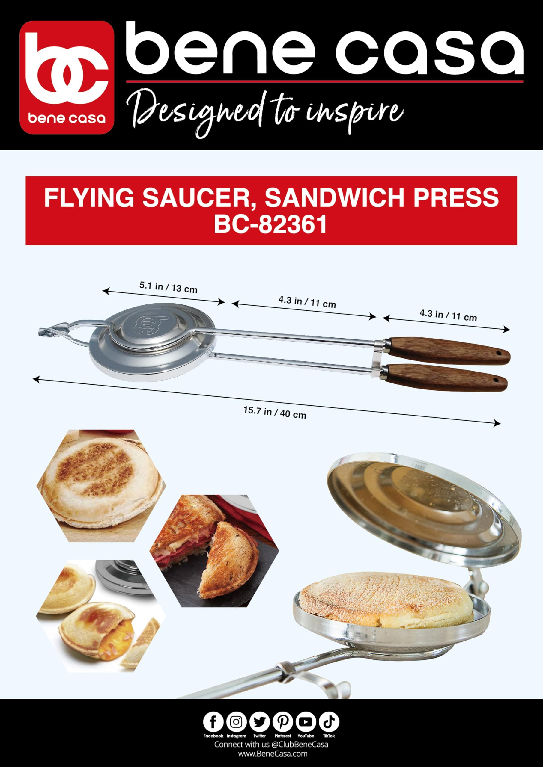 Bene Casa Flying Saucer Sandwich Press with wooden handles, closed for compact outdoor grilling.