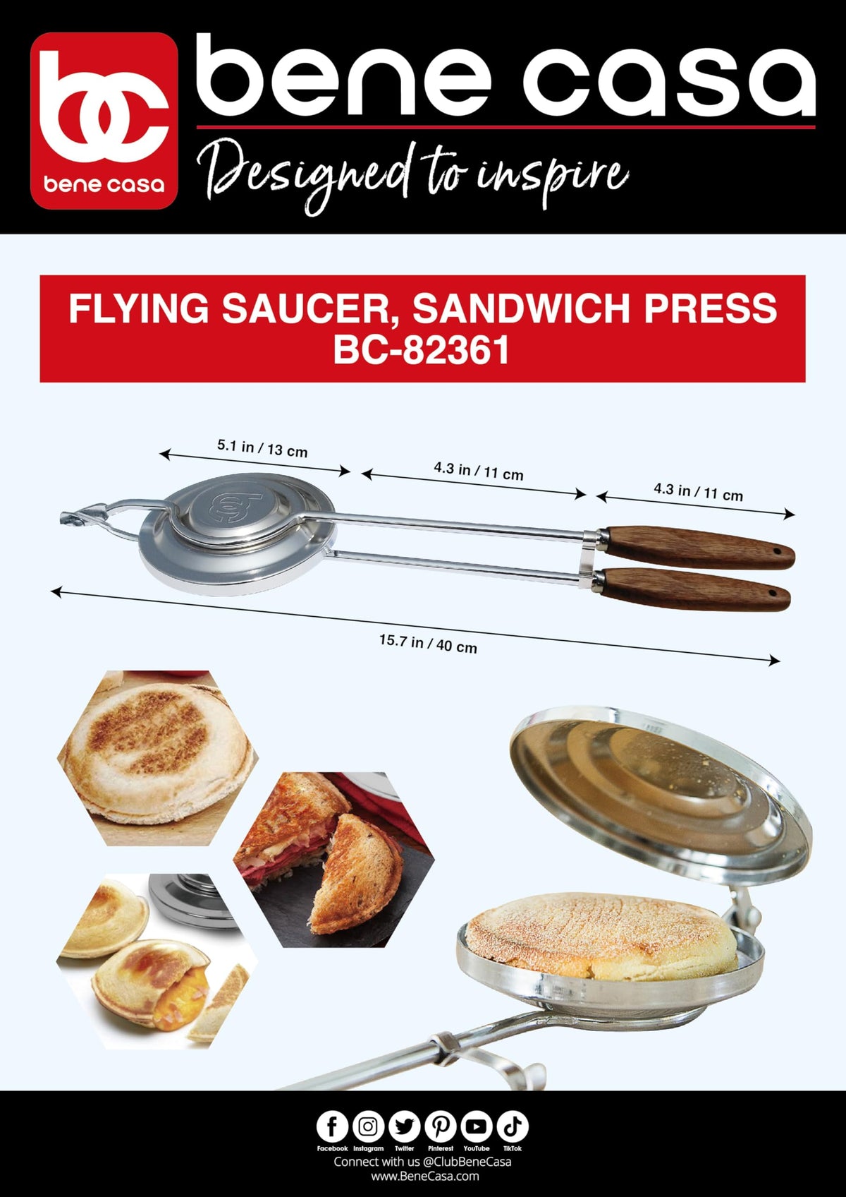 Bene Casa Flying Saucer Sandwich Press with wooden handles, closed for compact outdoor grilling.