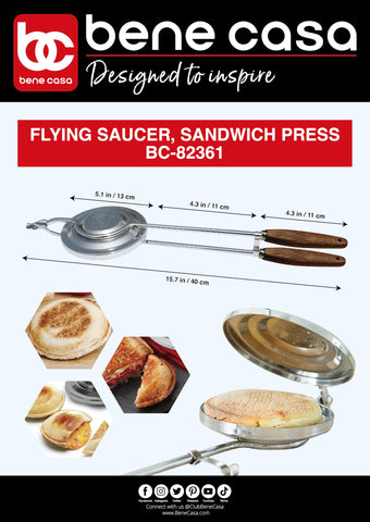 Bene Casa Flying Saucer Sandwich Press with wooden handles, closed for compact outdoor grilling.