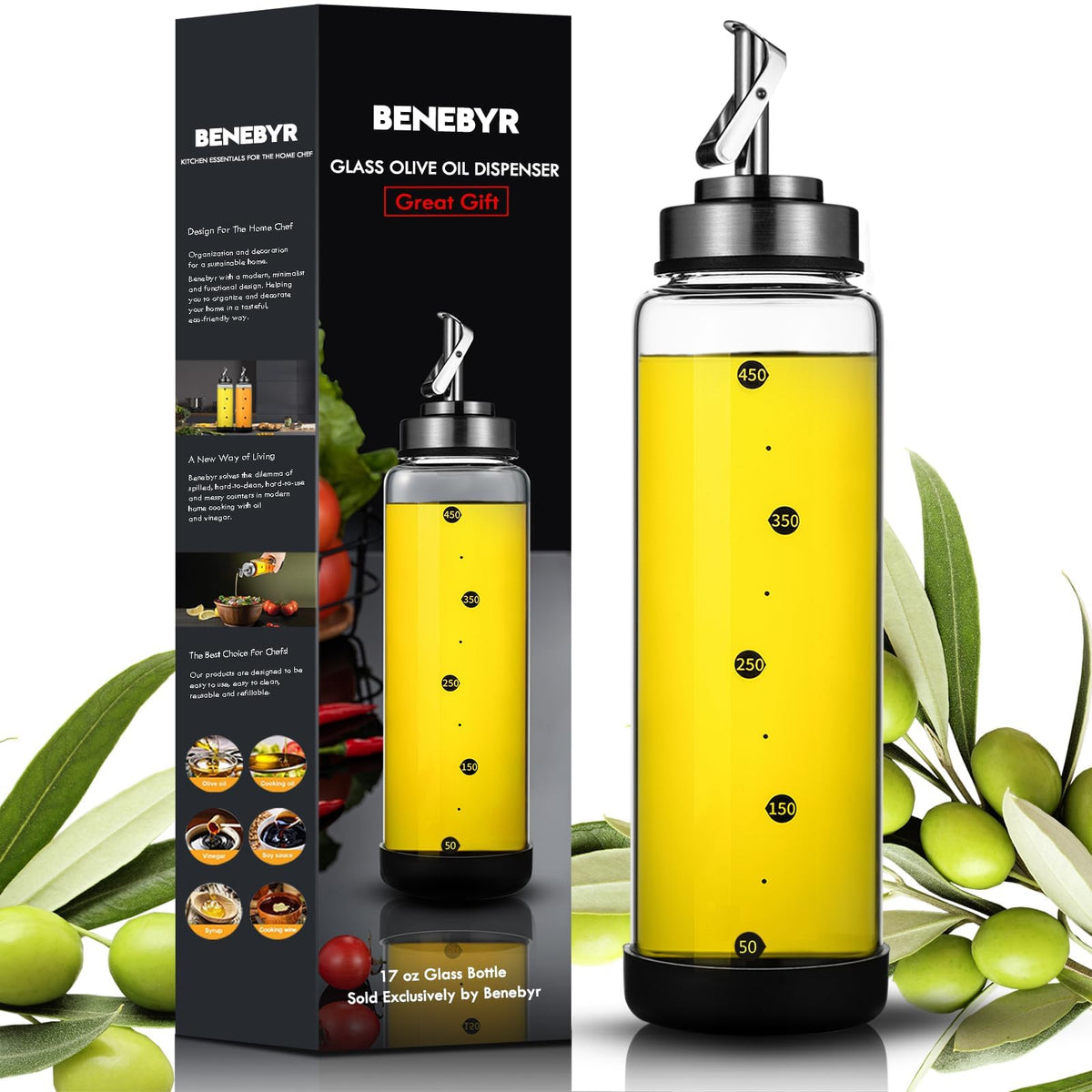 BENEBYR glass olive oil dispenser pour spout enables precise, drip-free pouring in the kitchen