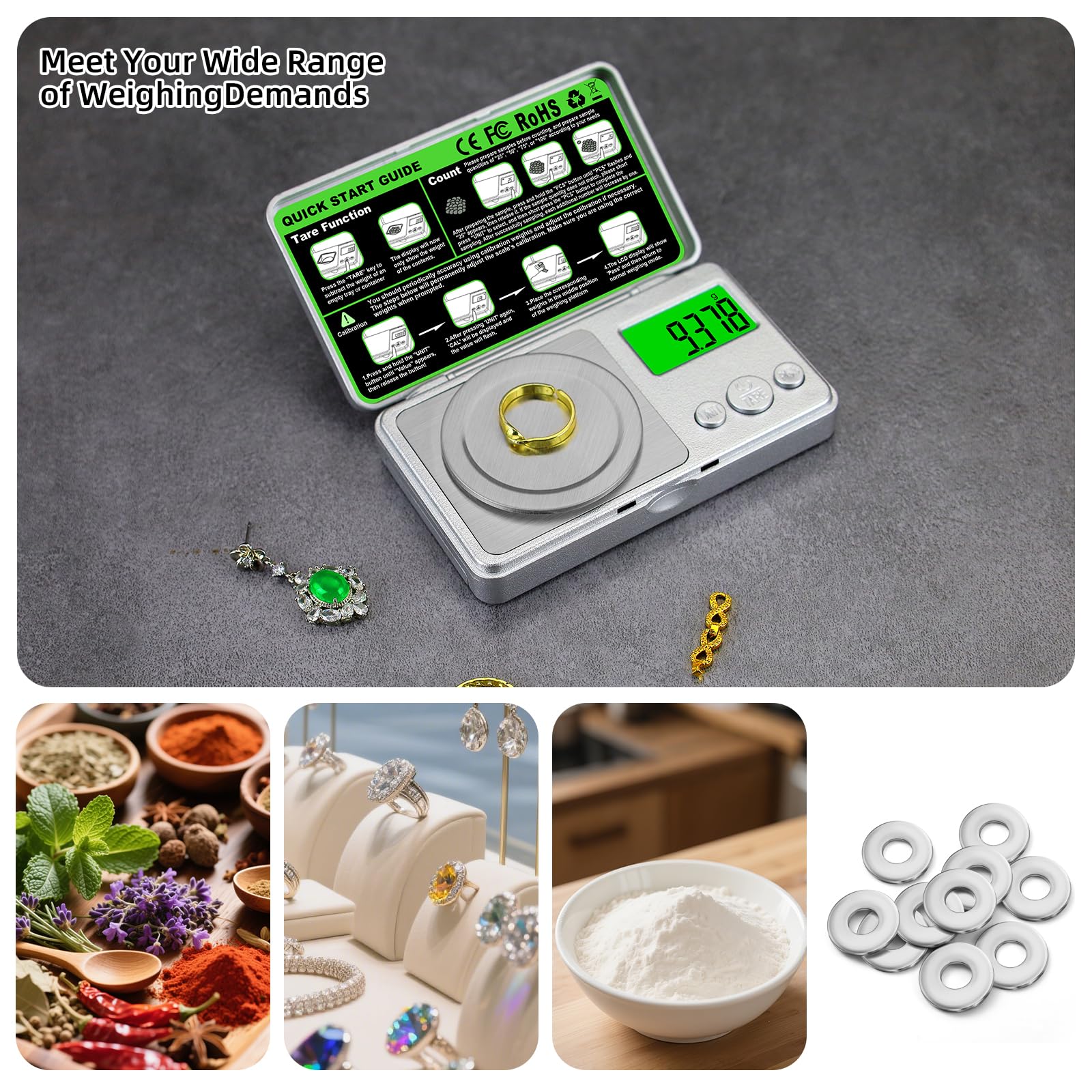 Benechef scale includes calibration weights, trays, and tweezers for accuracy.