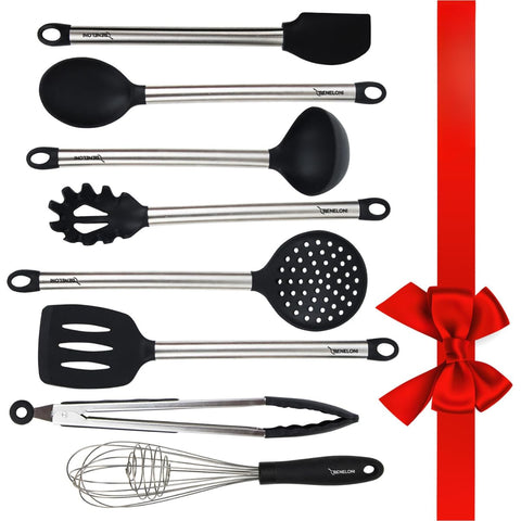 Beneloni premium silicone utensil set with tongs, nonstick cookware friendly and durable.
