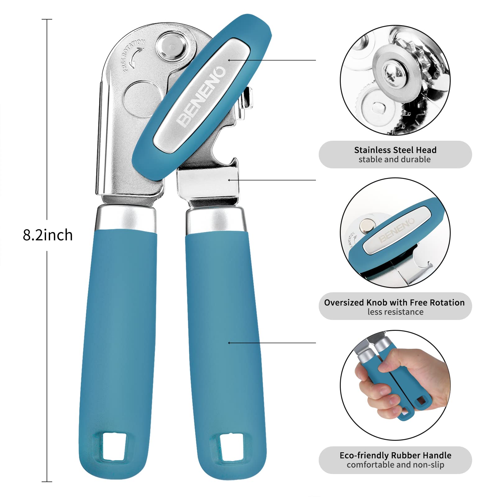 Beneno can opener with soft grip handle for secure, ergonomic operation.