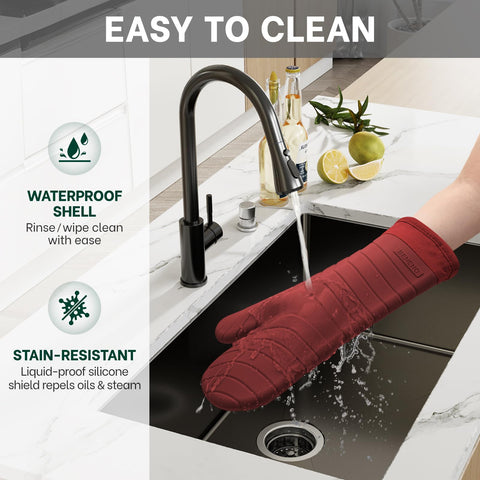 Beneno easy-clean silicone mitts red wipe clean after oil splatters.