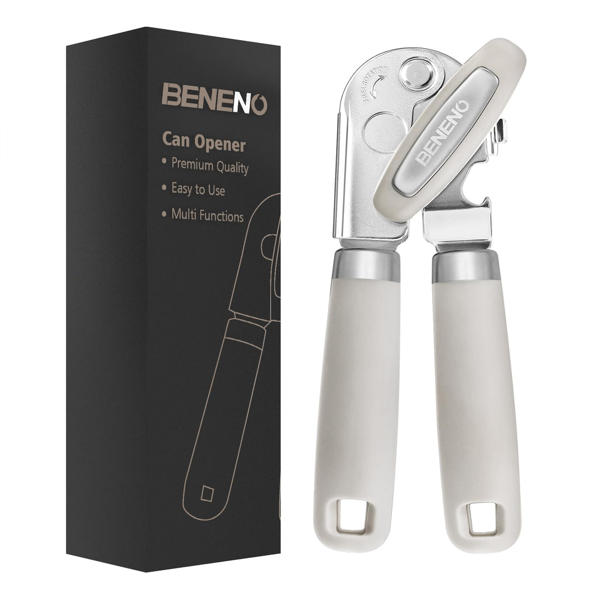 Beneno heavy-duty can opener with magnet safely lifts lids after cutting.