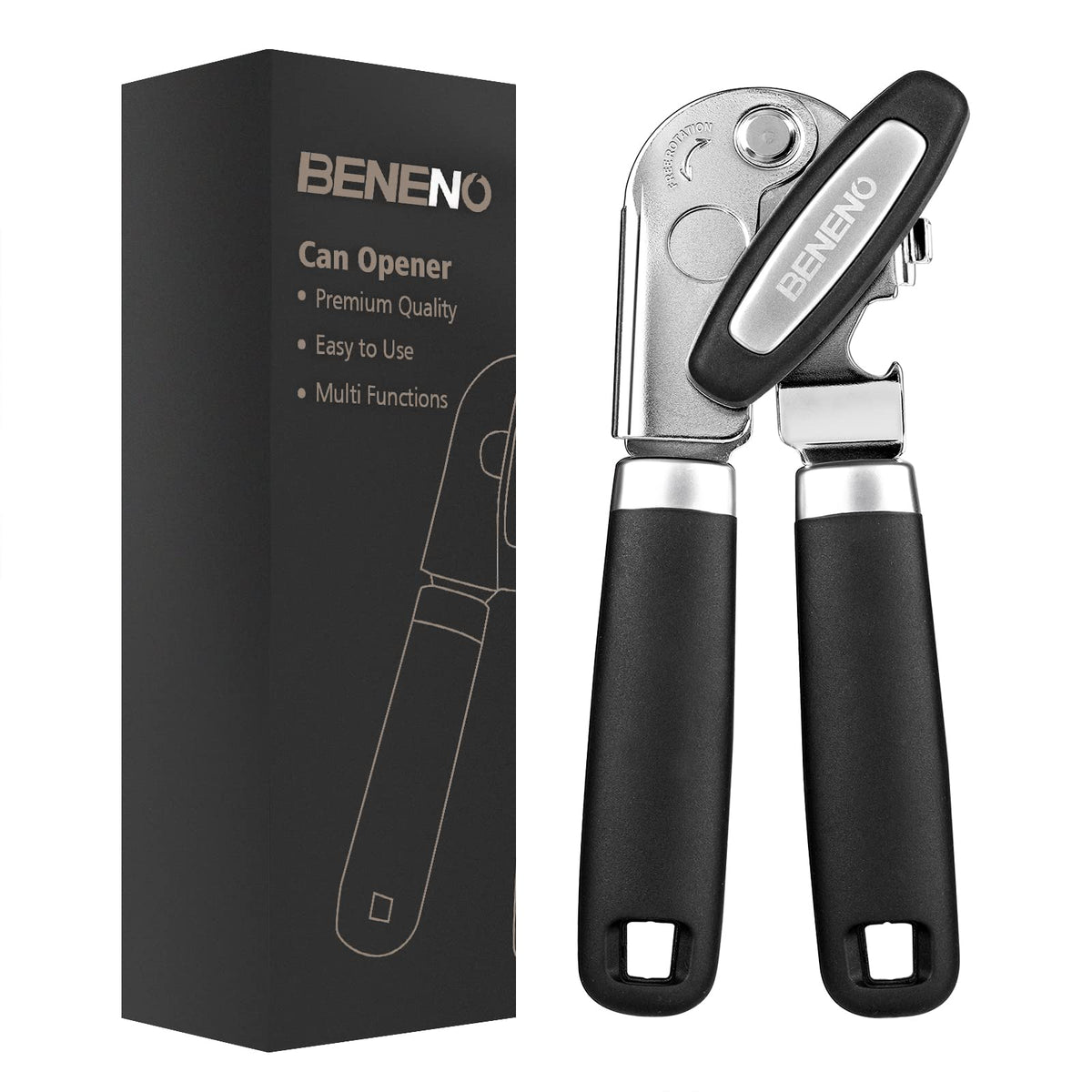 Beneno heavy-duty can opener with magnet safely lifting lid after cutting
