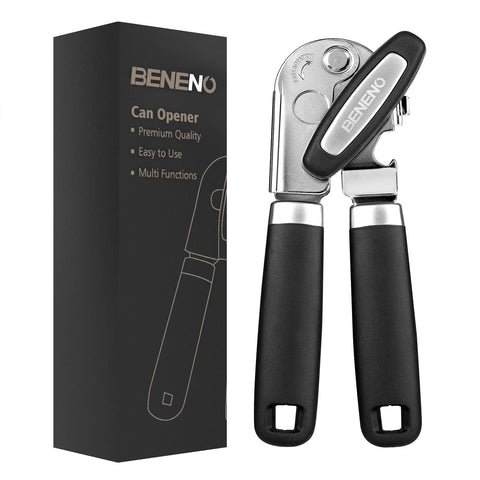 Beneno heavy-duty can opener with magnet safely lifting lid after cutting