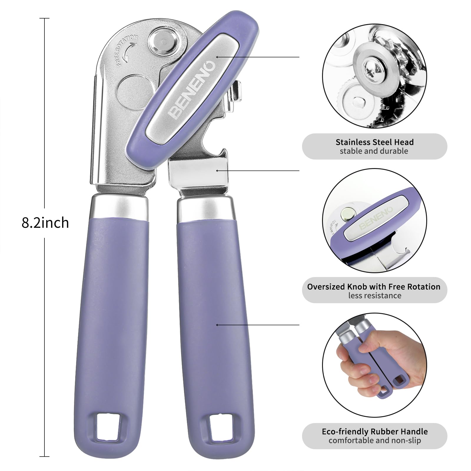 Beneno can opener with soft grip handle for comfortable, non-slip use.