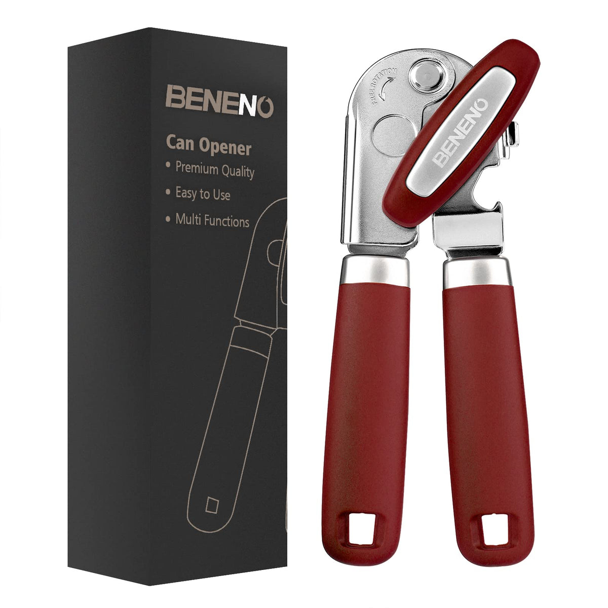 Beneno heavy duty hand can opener with magnet lifting lids safely.