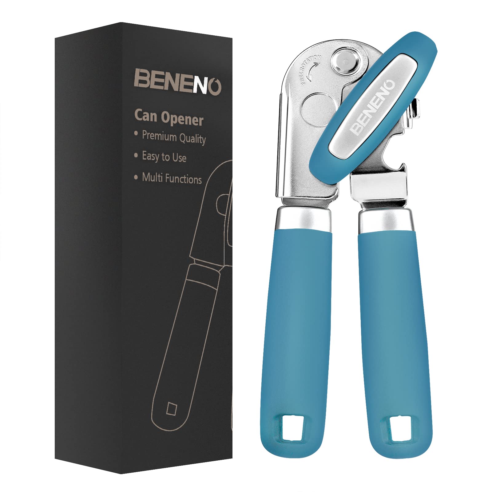 Beneno heavy duty hand can opener with soft grip handle for comfortable use.
