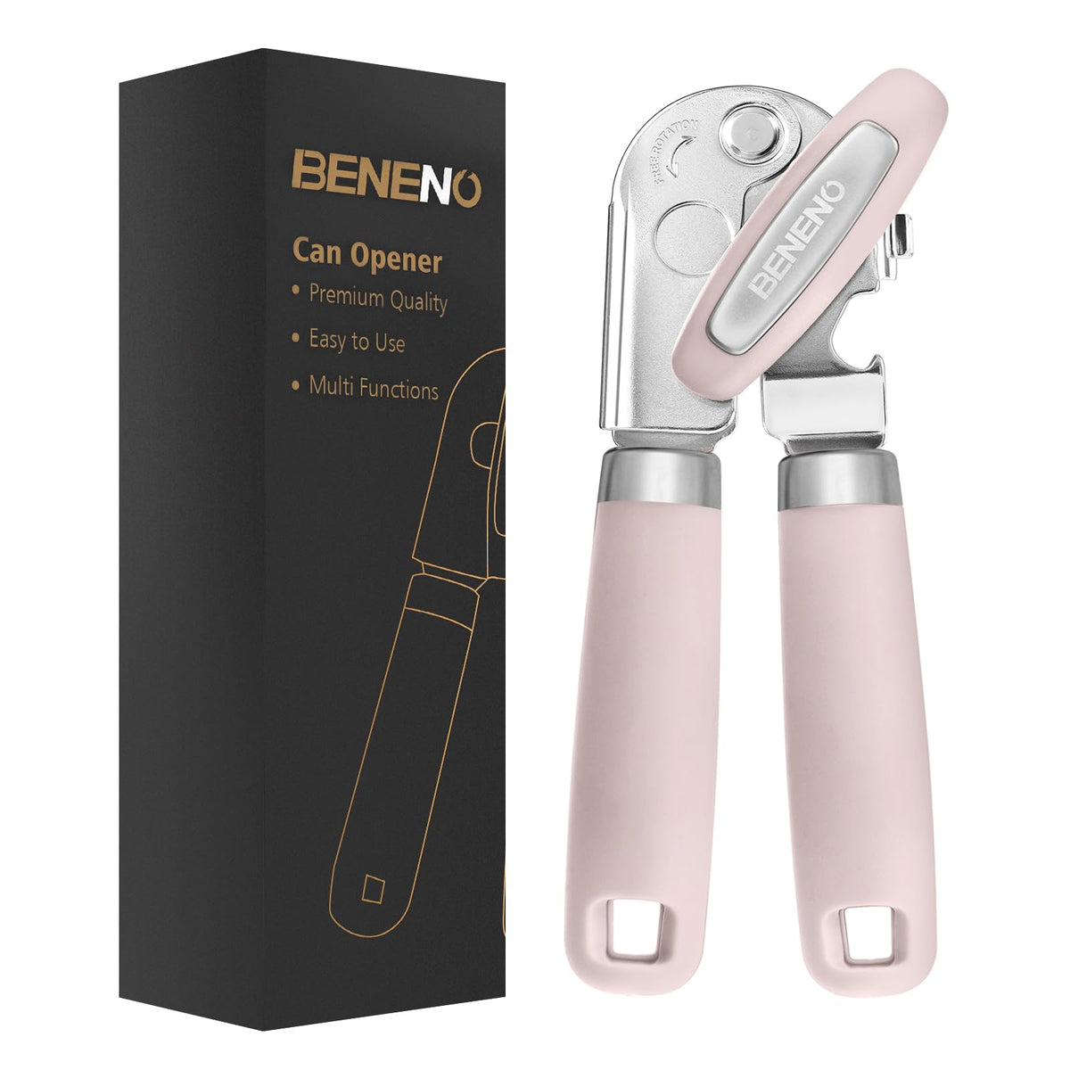Beneno heavy-duty hand can opener with magnet for safe lid lifting and clean edges.