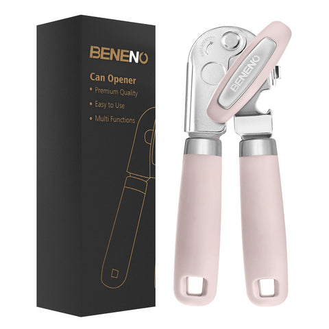 Beneno heavy-duty hand can opener with magnet for safe lid lifting and clean edges.