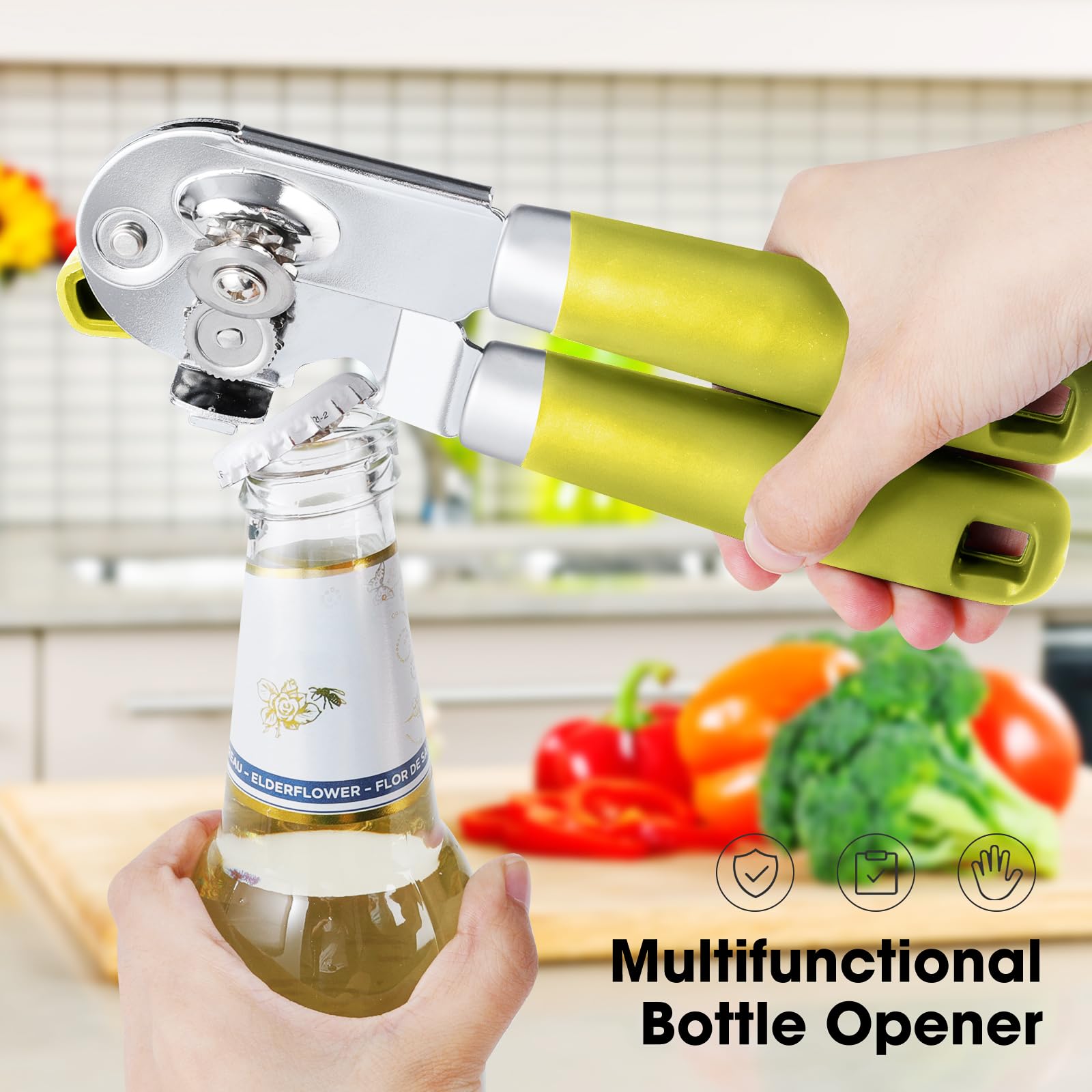 Beneno lime-green color adds a cheerful kitchen accent.
