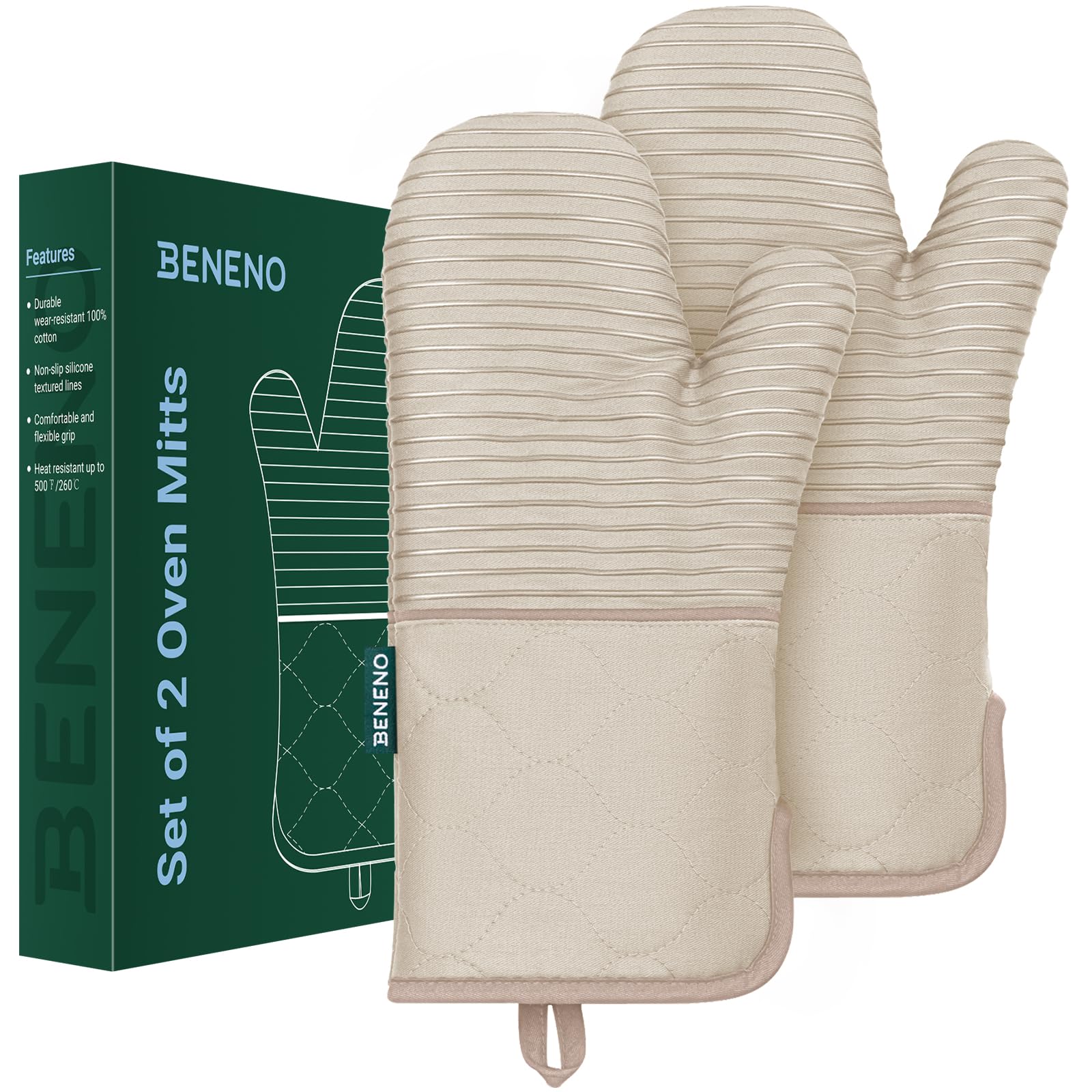 Beneno oven mitts adapt from oven to stovetop for versatility.