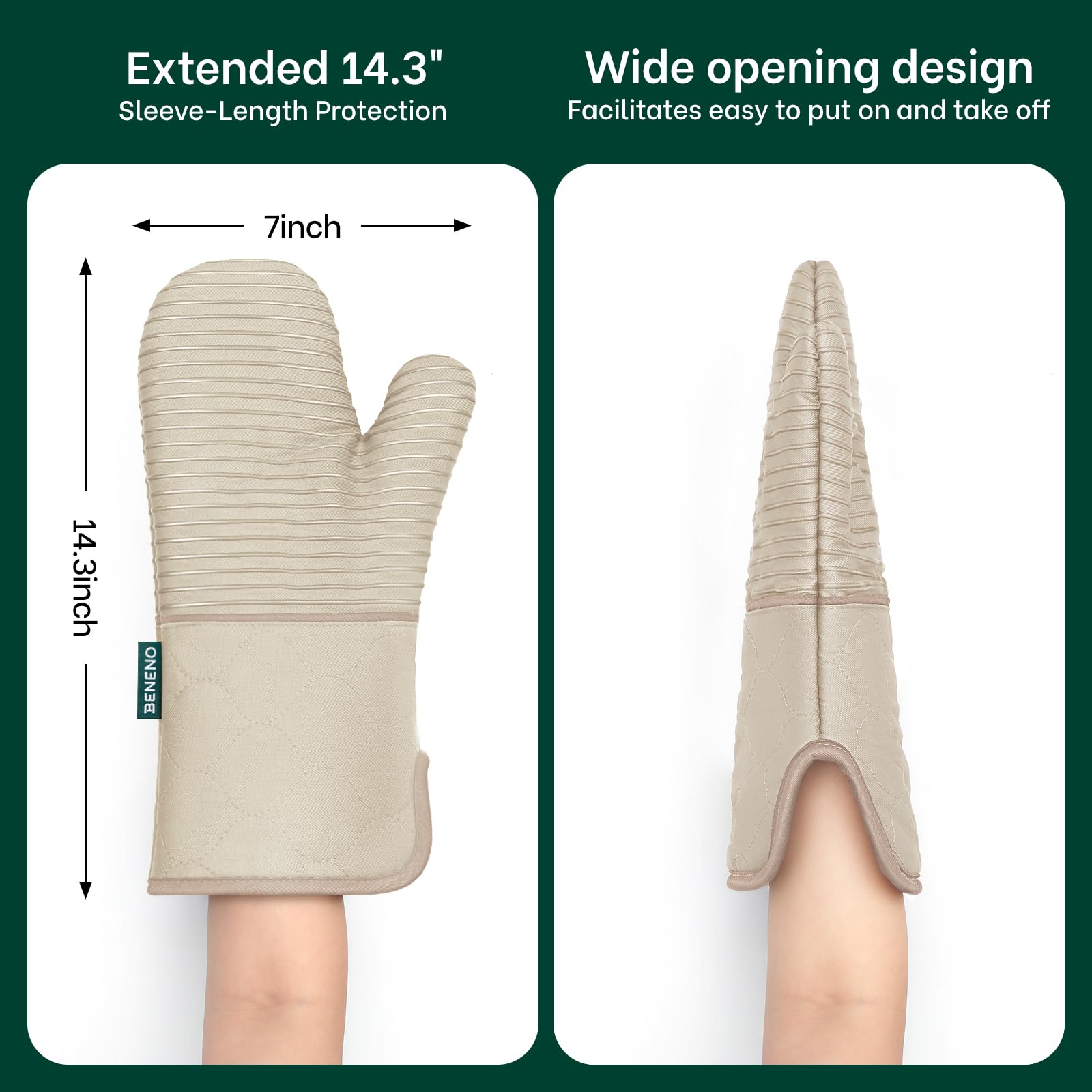 Beneno oven mitts are machine washable for easy care.