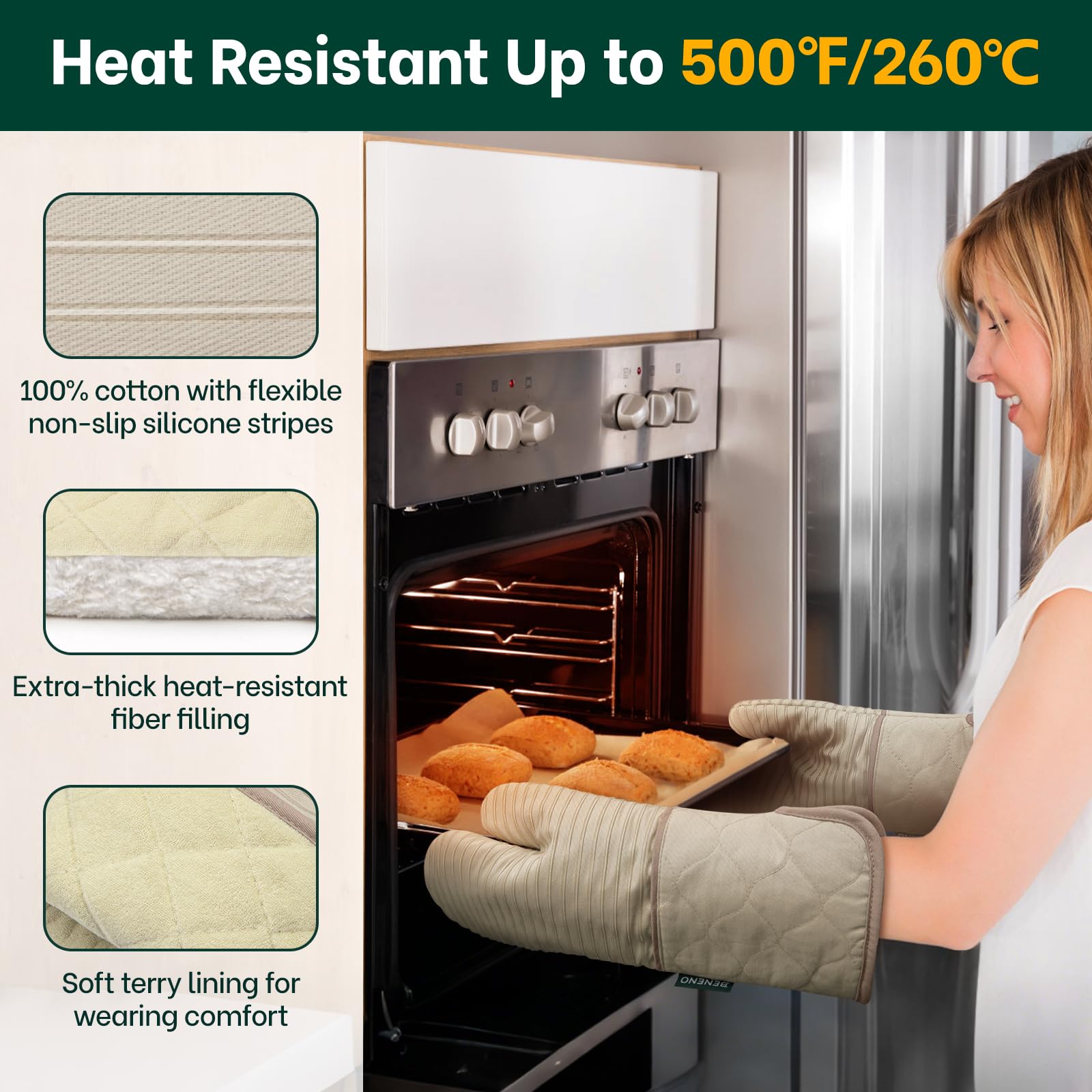 Beneno oven mitts featuring a non-slip silicone grip for secure handling.