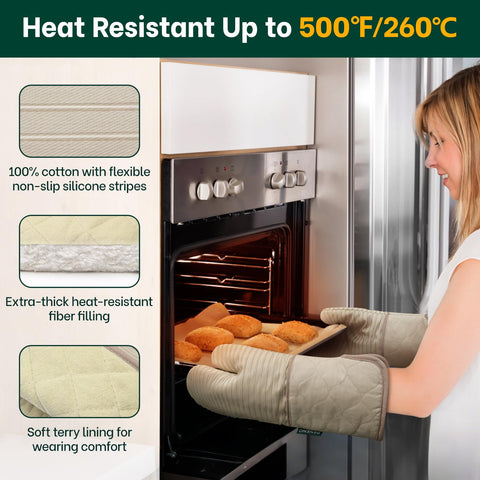 Beneno oven mitts featuring a non-slip silicone grip for secure handling.