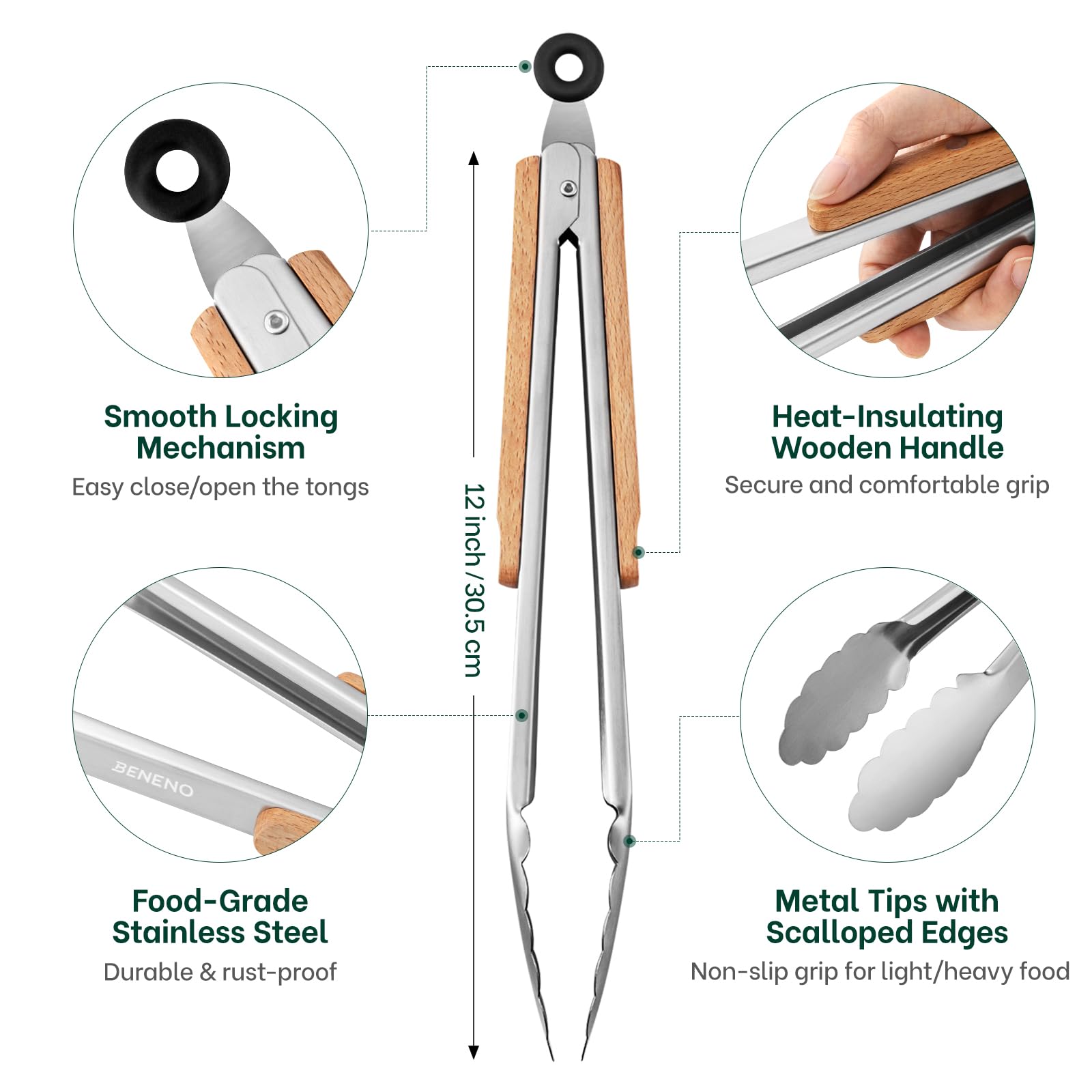 Beneno tongs scalloped tips secure grip on foods without tearing