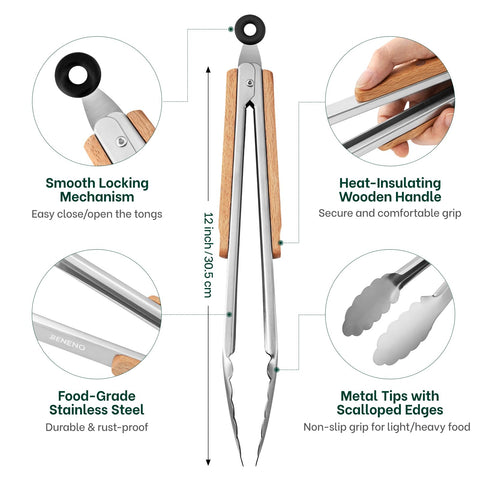 Beneno tongs scalloped tips secure grip on foods without tearing