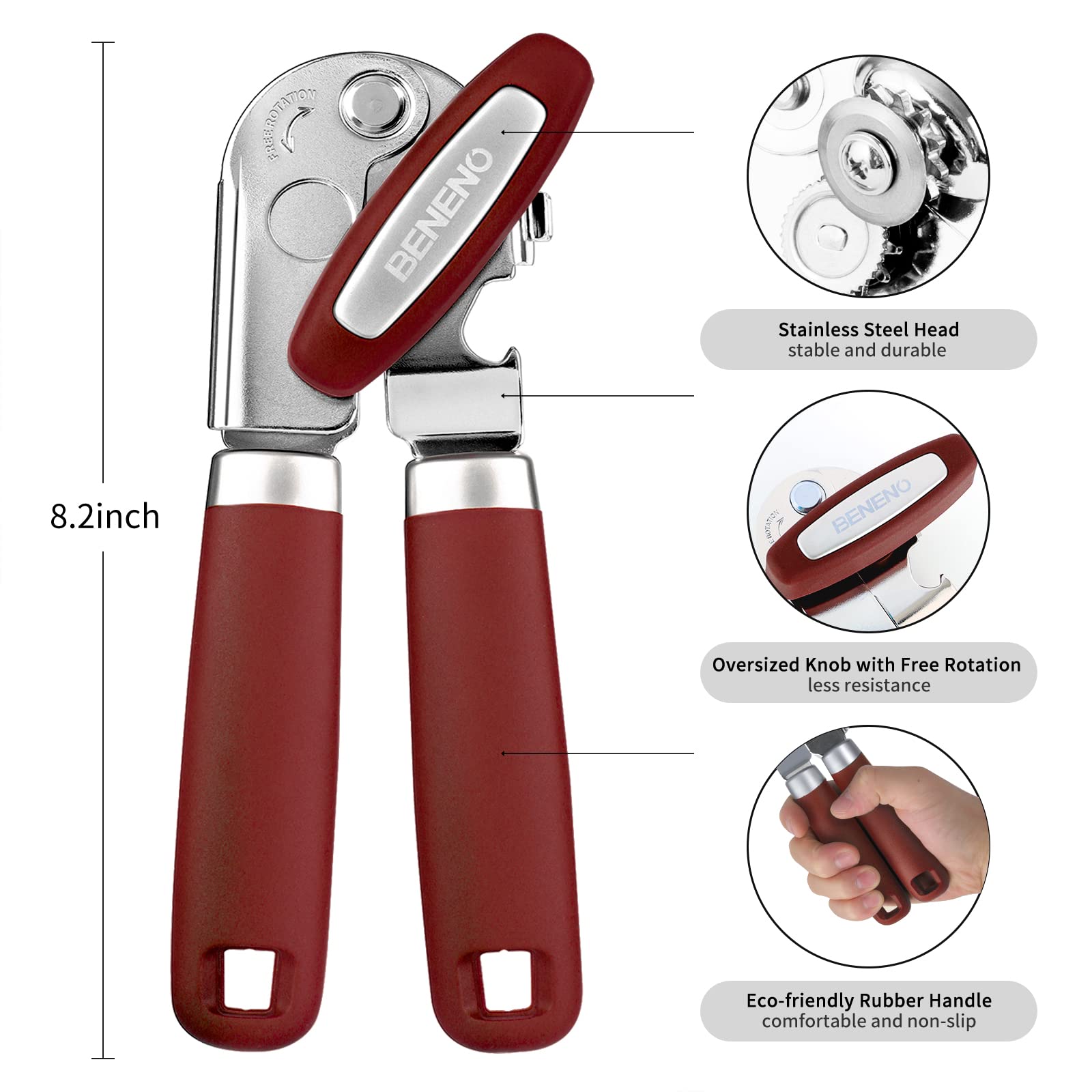 Beneno can opener soft grip handle provides comfortable control.