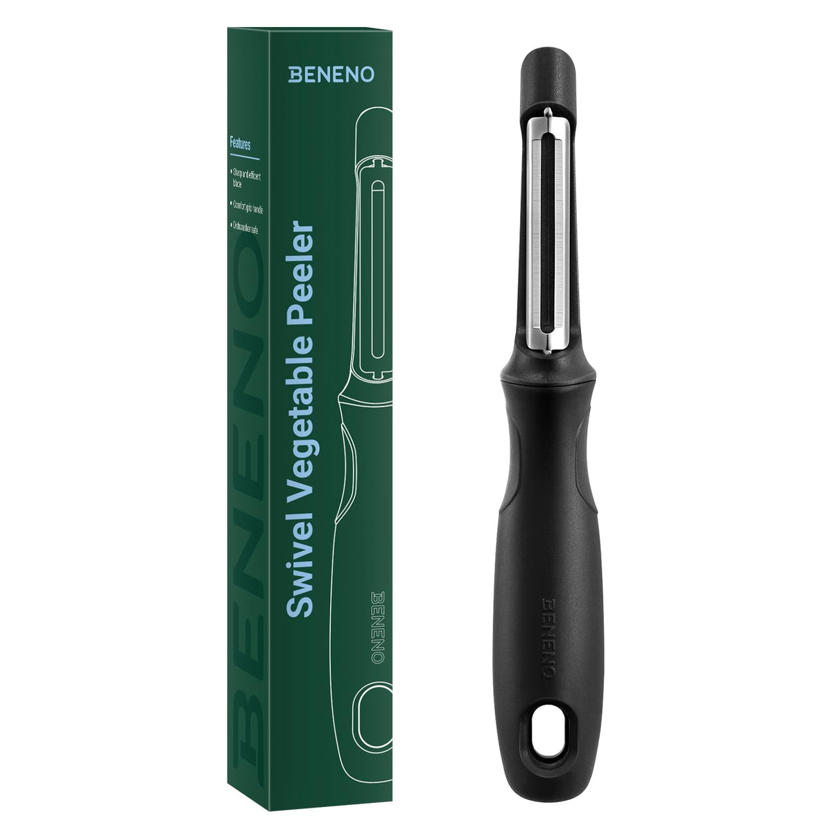 Beneno Swivel Peeler blade closeup showing razor-sharp twin blades for precise peeling