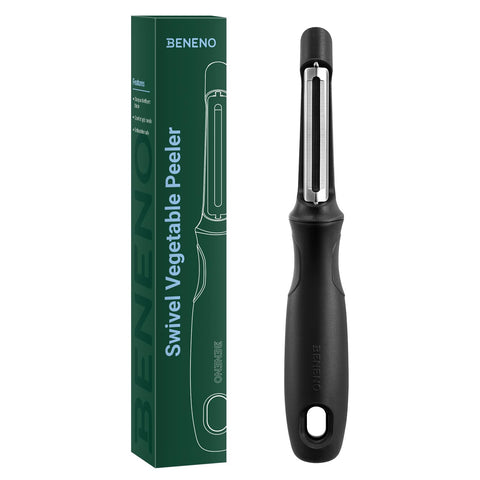 Beneno Swivel Peeler blade closeup showing razor-sharp twin blades for precise peeling