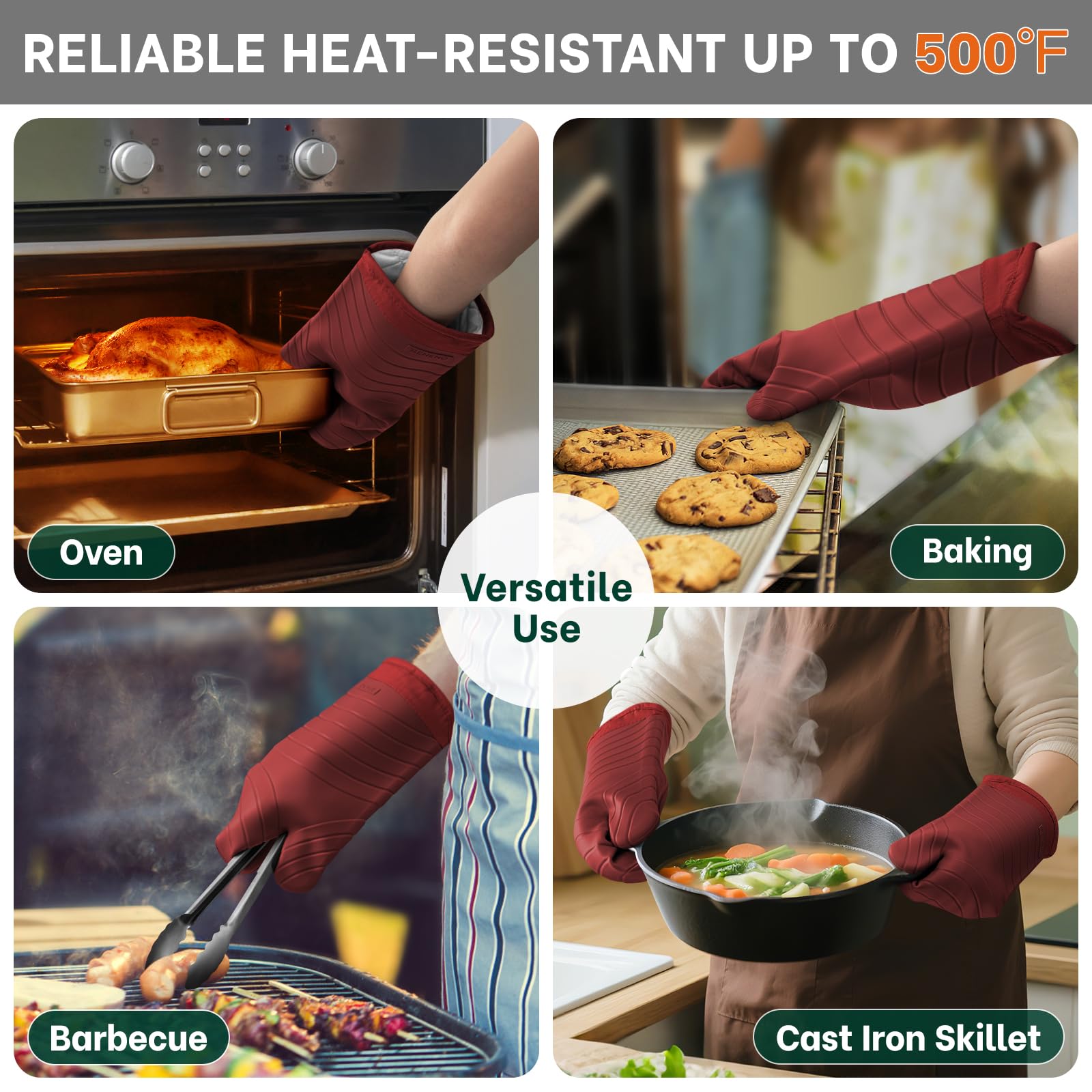Beneno waterproof shell mitts red repel steam and splashes while cooking.