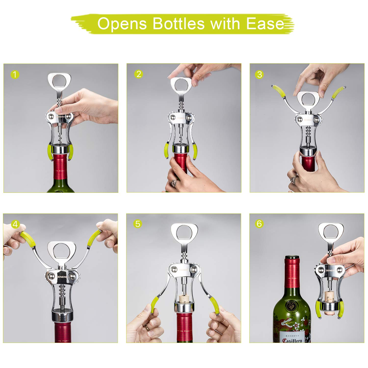Beneno built-in bottle opener for quick caps and corks.