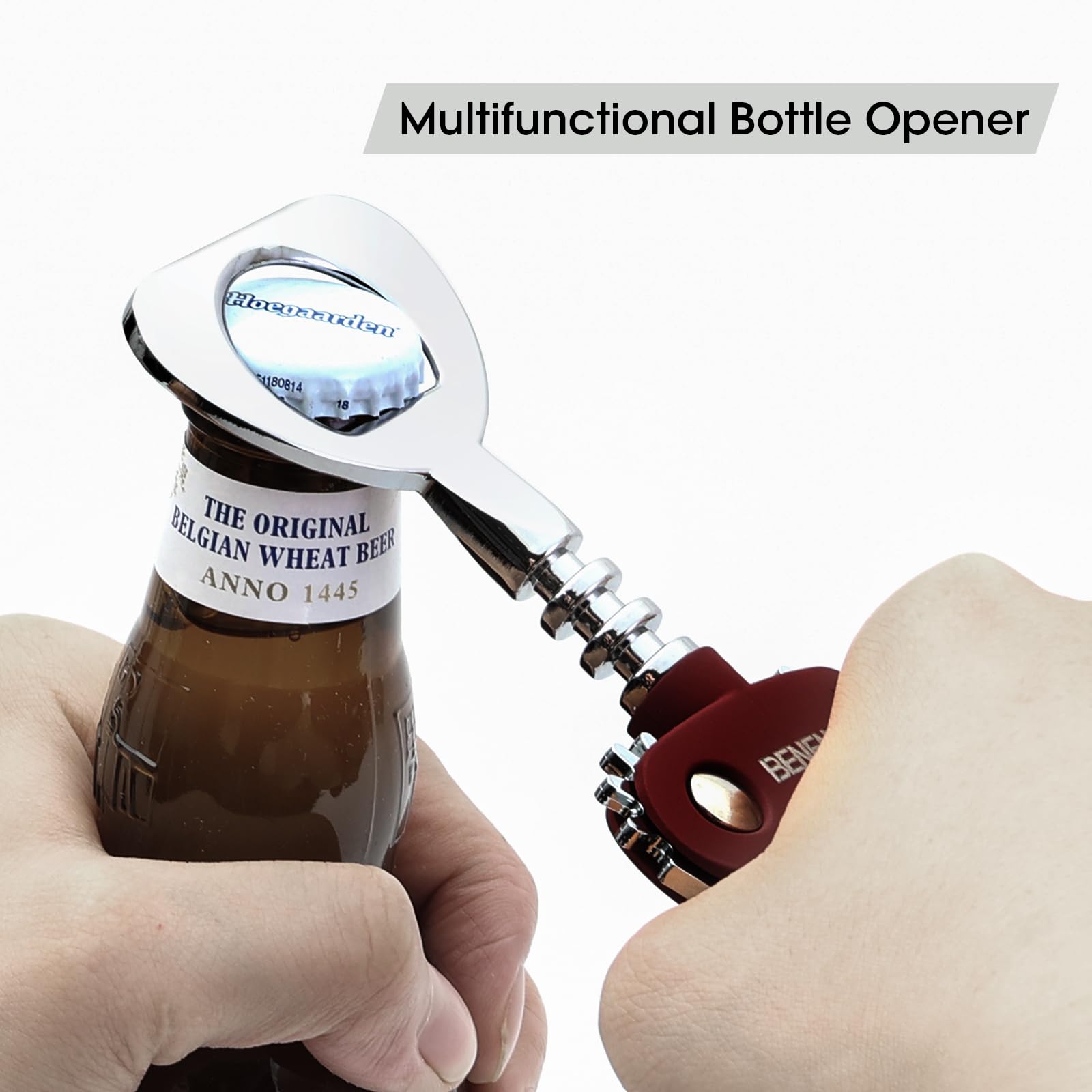 Beneno wine opener built-in bottle opener enables quick caps on beer bottles