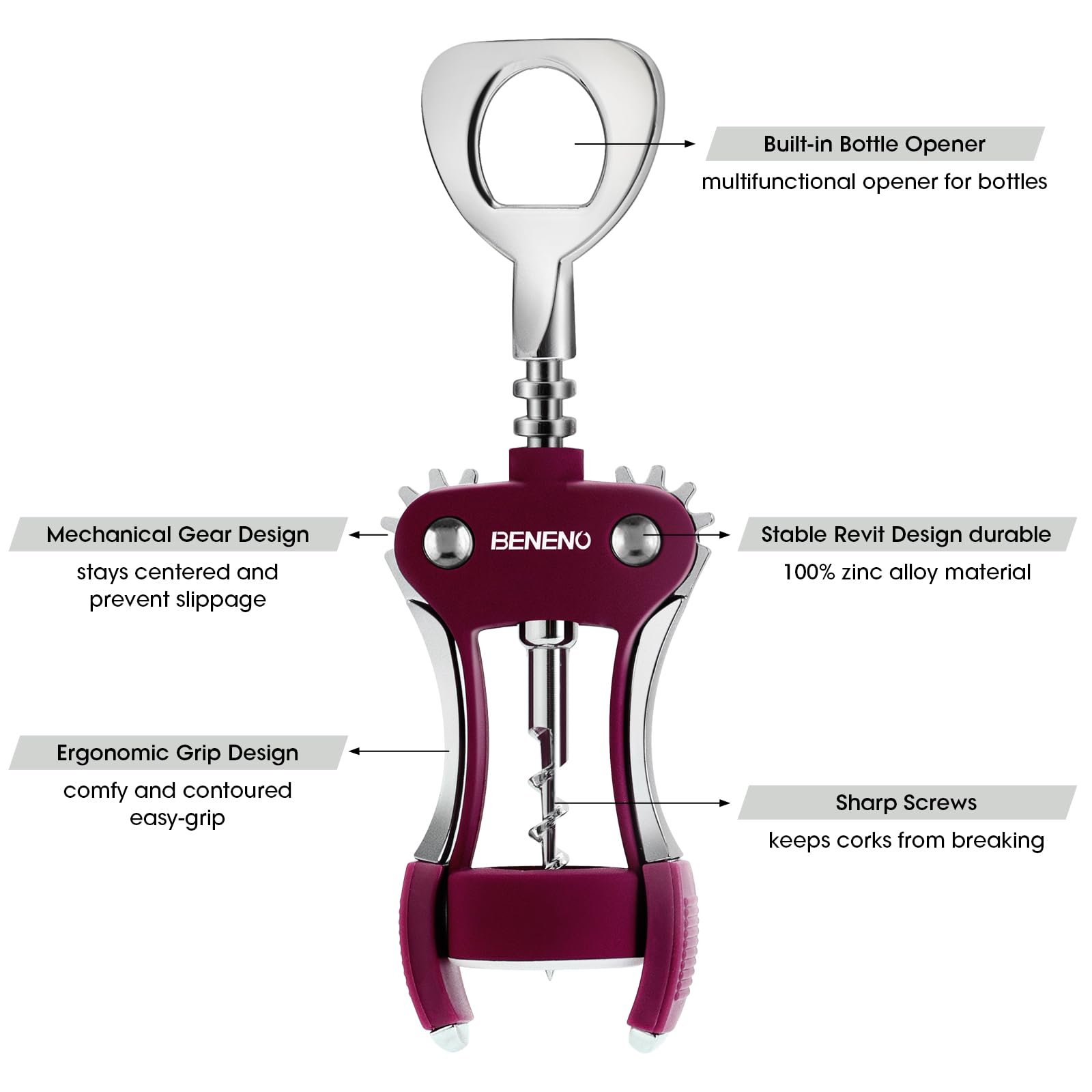Beneno wine opener mechanical gear keeps cork centered for smooth extraction