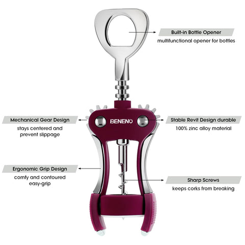 Beneno wine opener mechanical gear keeps cork centered for smooth extraction