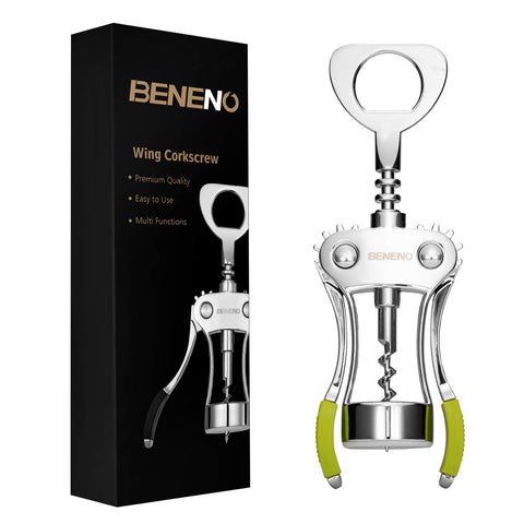 Beneno premium wing corkscrew in green, delivering smooth cork extraction.