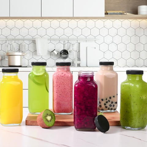Benestanti glass juice bottles are dishwasher-safe for easy cleanup