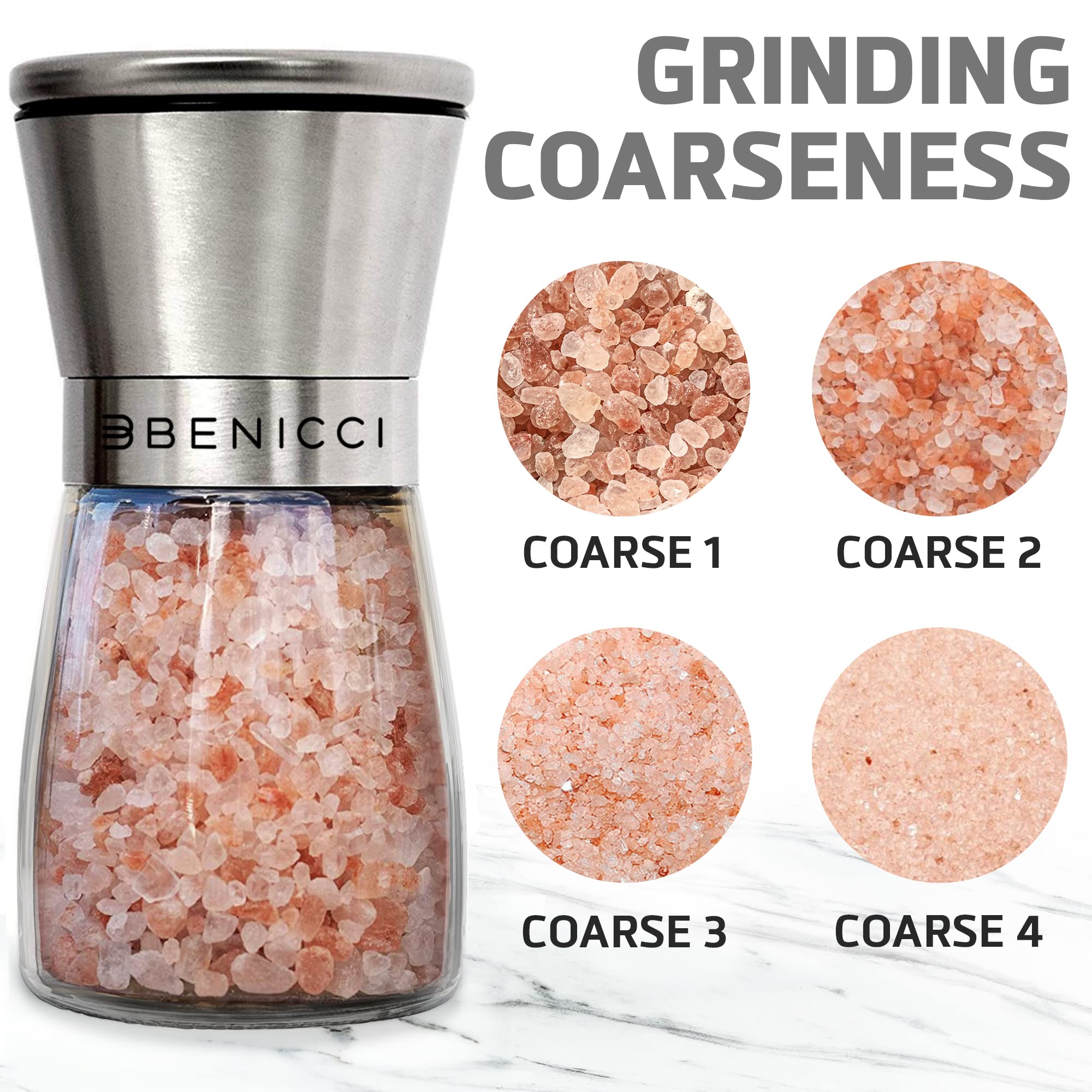Benicci grinder with adjustable ceramic rotor for customizable coarseness.