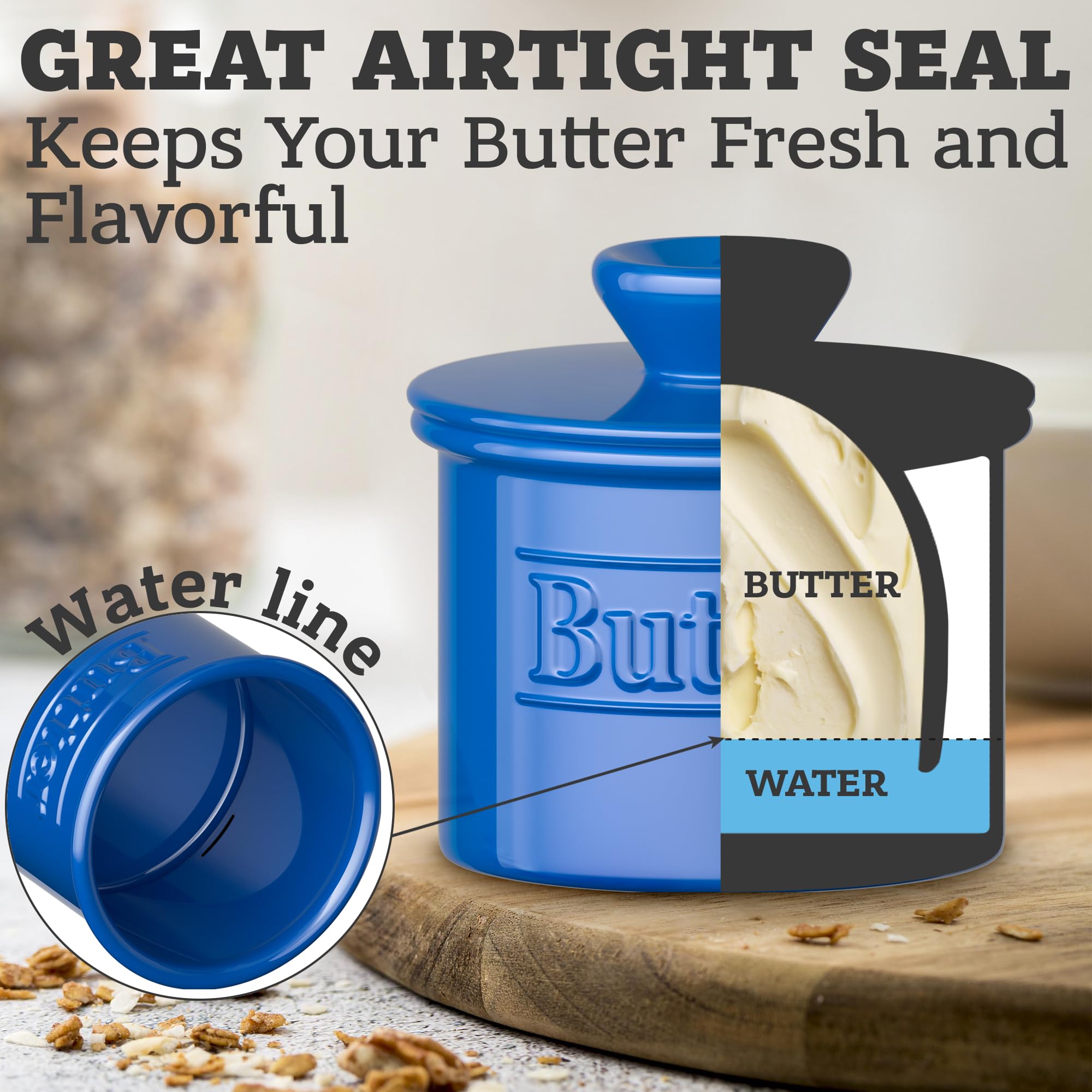 Benicci airtight water-seal design preserving butter freshness.