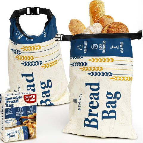 Benicci bread bags with roll-clip closure showing airtight freshness for homemade loaves